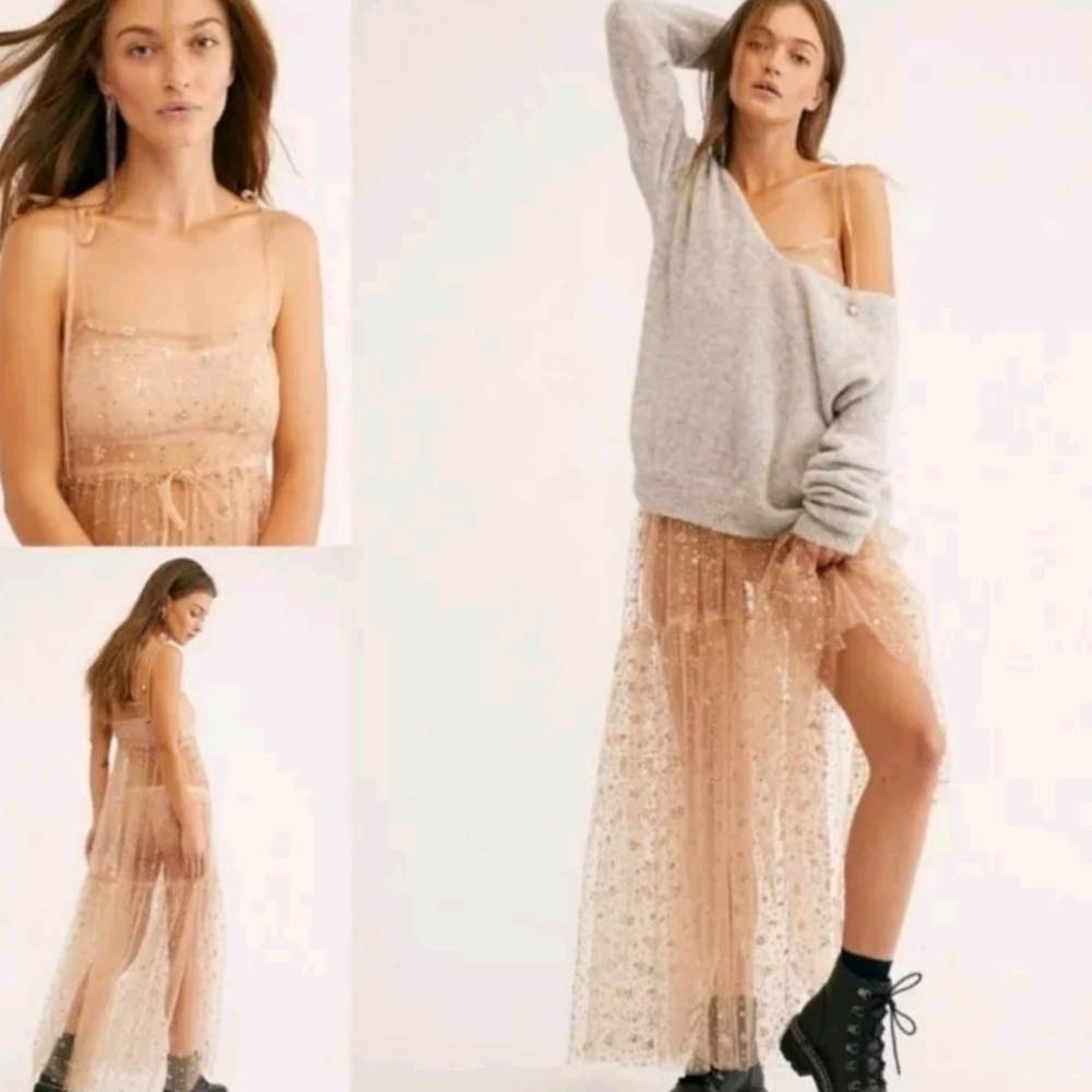 NWT Free People One Estella Glitter Maxi Slip Dress L